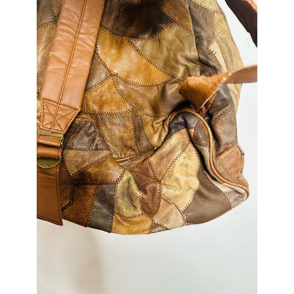 Vintage 1980s/90s Brown Leather Patchwork Clip Front Drawstring Backpack Bag - Picture 11 of 16